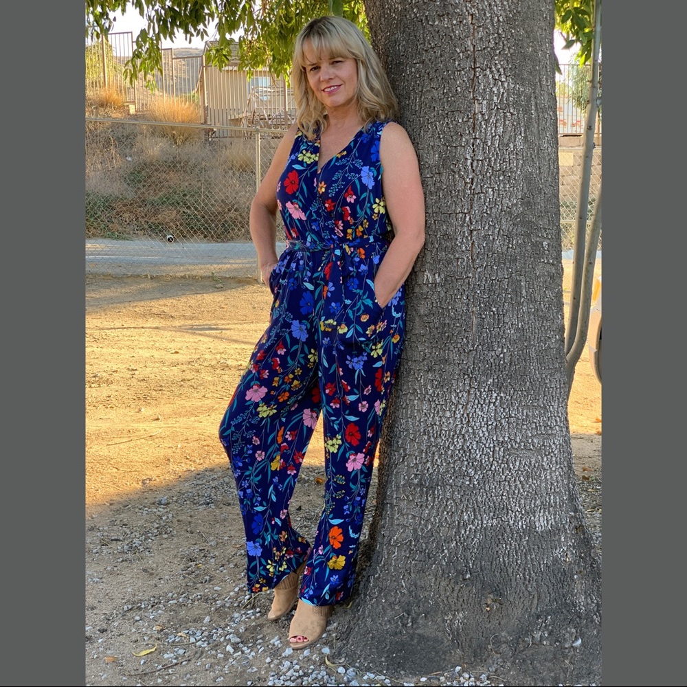 Blue Floral Jumpsuit with Pockets